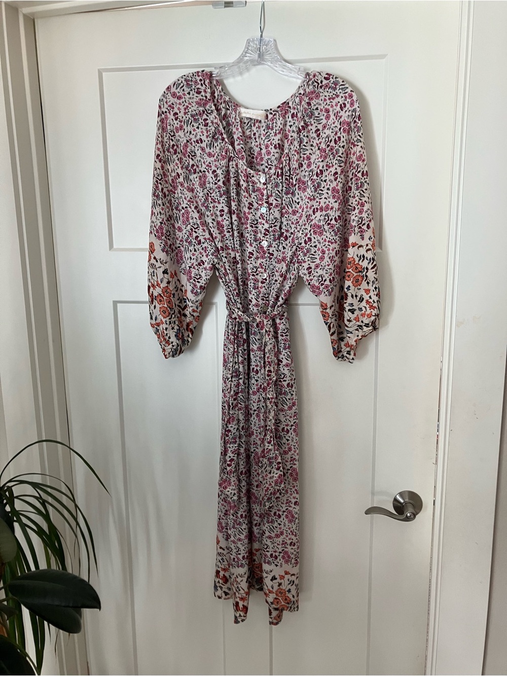 Natalie Martin Pink Floral Midi Dress with Tie Waist
